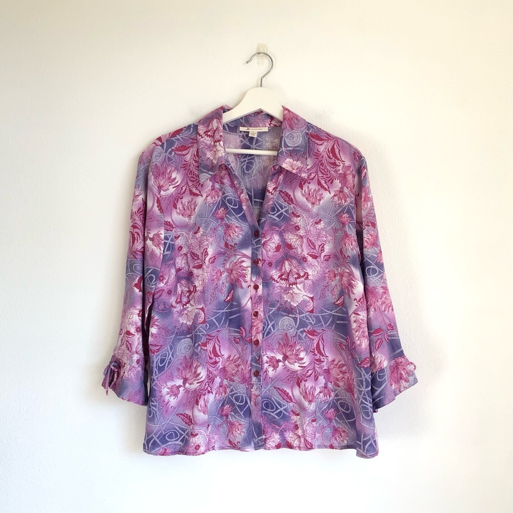 JM Collection Purple Pink Floral 100% Linen Button Up Shirt Top Size 18 Boho Art